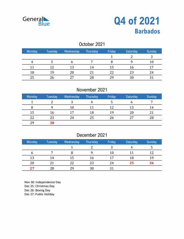 Barbados Q4 2021 Quarterly Calendar with Monday Start