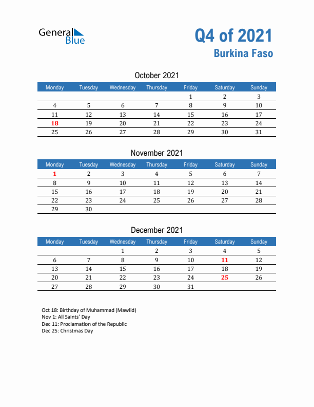 Burkina Faso Q4 2021 Quarterly Calendar with Monday Start