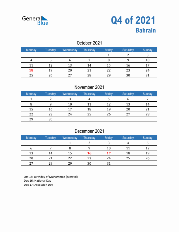 Bahrain Q4 2021 Quarterly Calendar with Monday Start