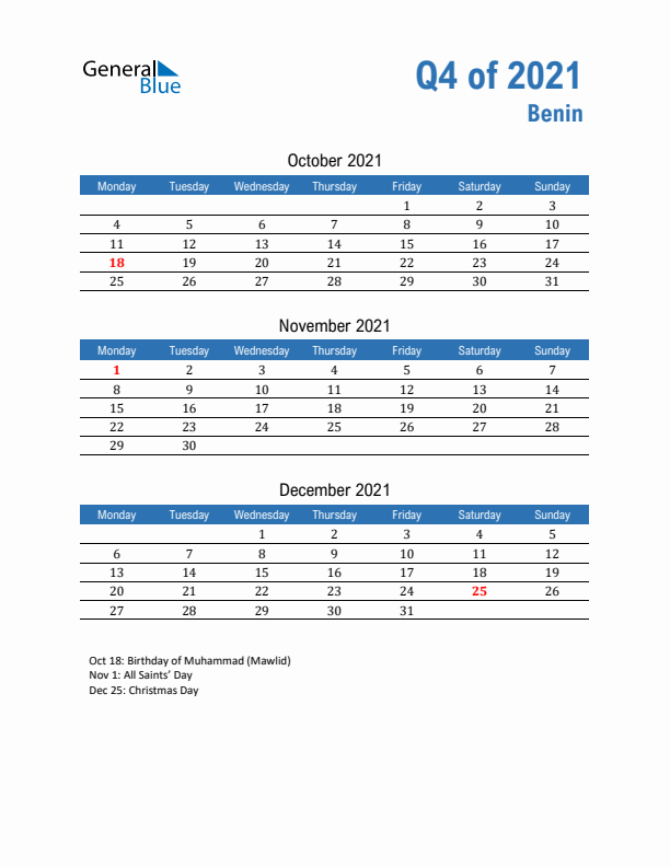 Benin Q4 2021 Quarterly Calendar with Monday Start