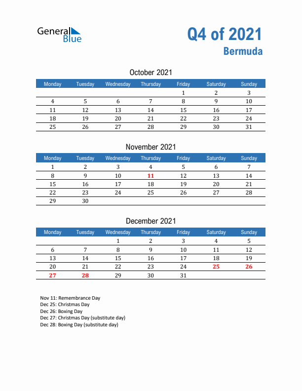 Bermuda Q4 2021 Quarterly Calendar with Monday Start