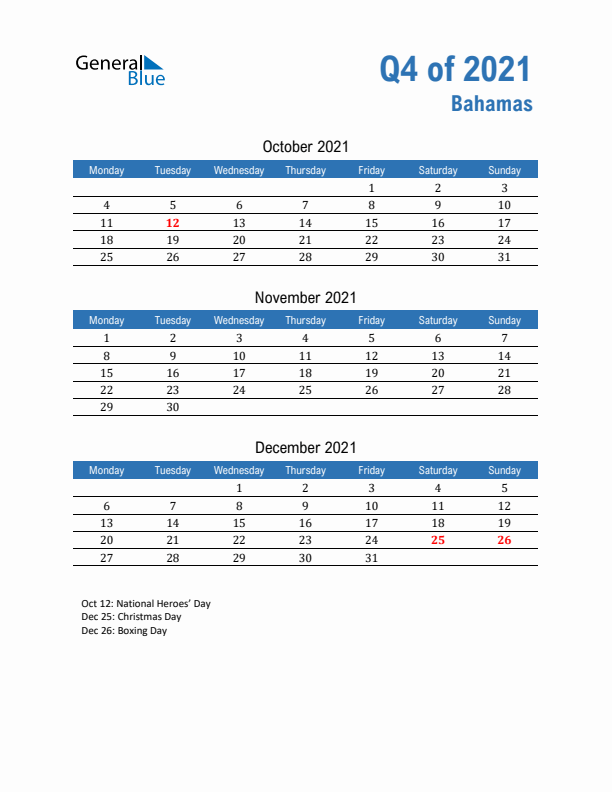 Bahamas Q4 2021 Quarterly Calendar with Monday Start