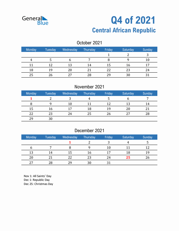 Central African Republic Q4 2021 Quarterly Calendar with Monday Start