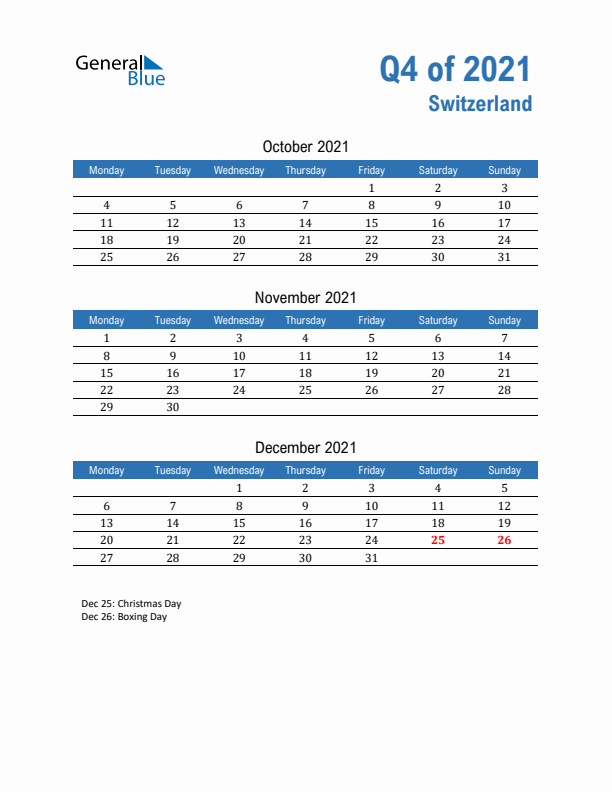 Switzerland Q4 2021 Quarterly Calendar with Monday Start