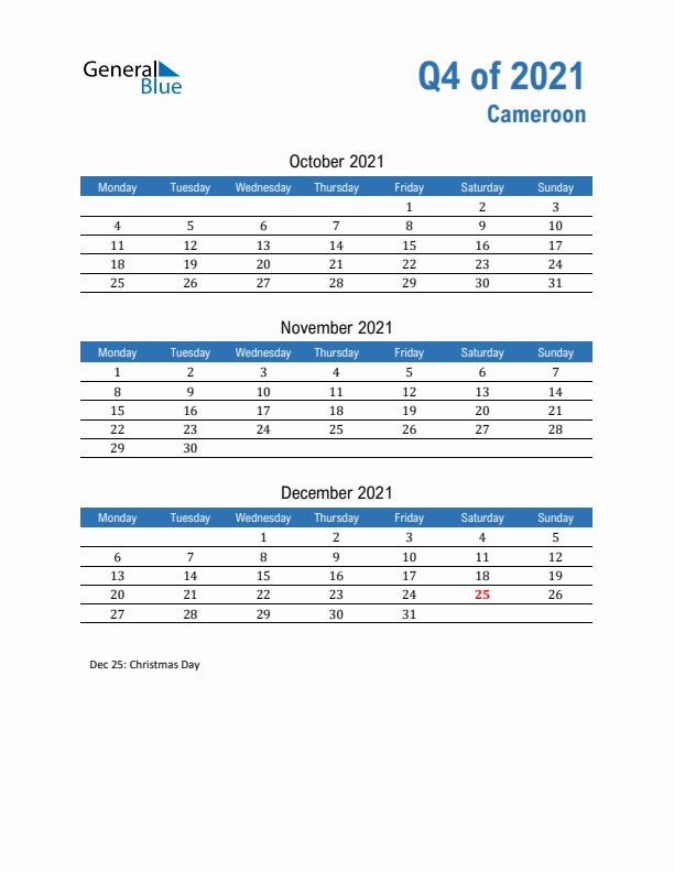 Cameroon Q4 2021 Quarterly Calendar with Monday Start