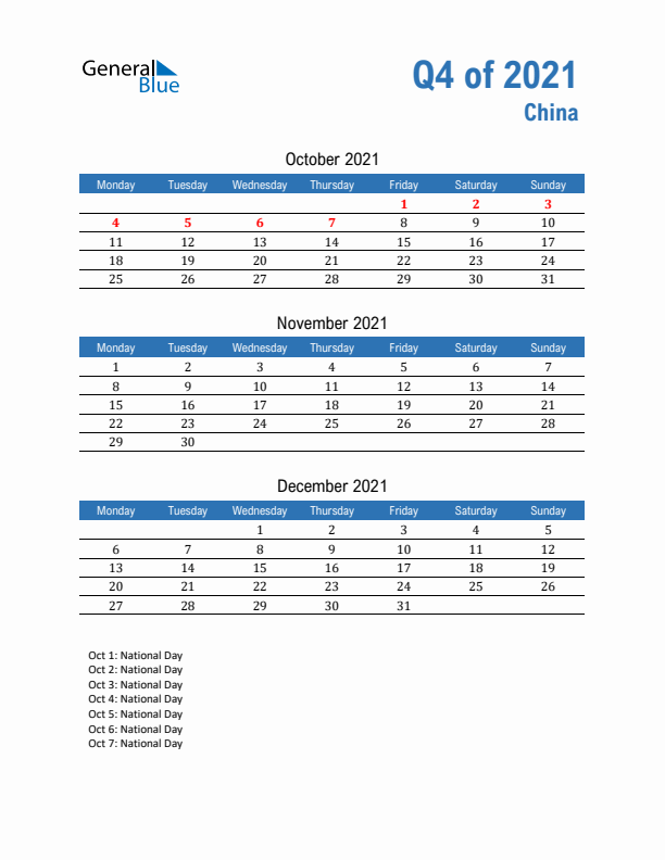 China Q4 2021 Quarterly Calendar with Monday Start