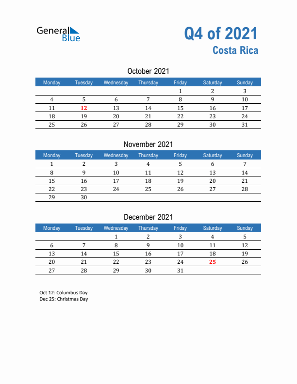 Costa Rica Q4 2021 Quarterly Calendar with Monday Start