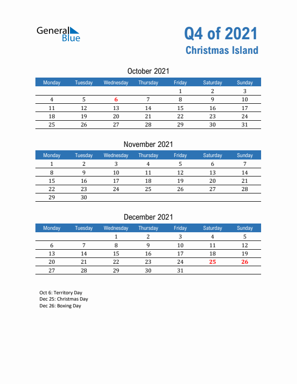 Christmas Island Q4 2021 Quarterly Calendar with Monday Start