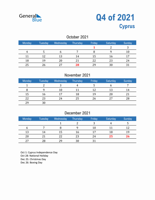 Cyprus Q4 2021 Quarterly Calendar with Monday Start