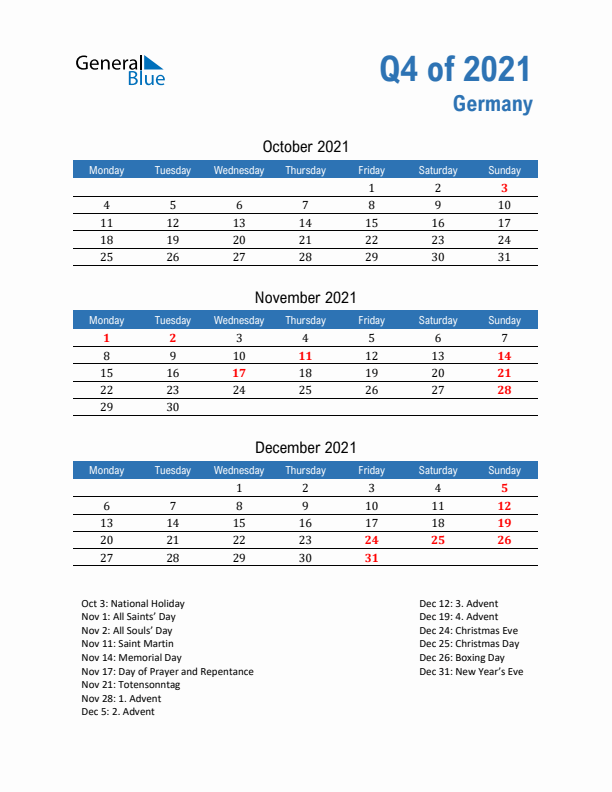 Germany Q4 2021 Quarterly Calendar with Monday Start