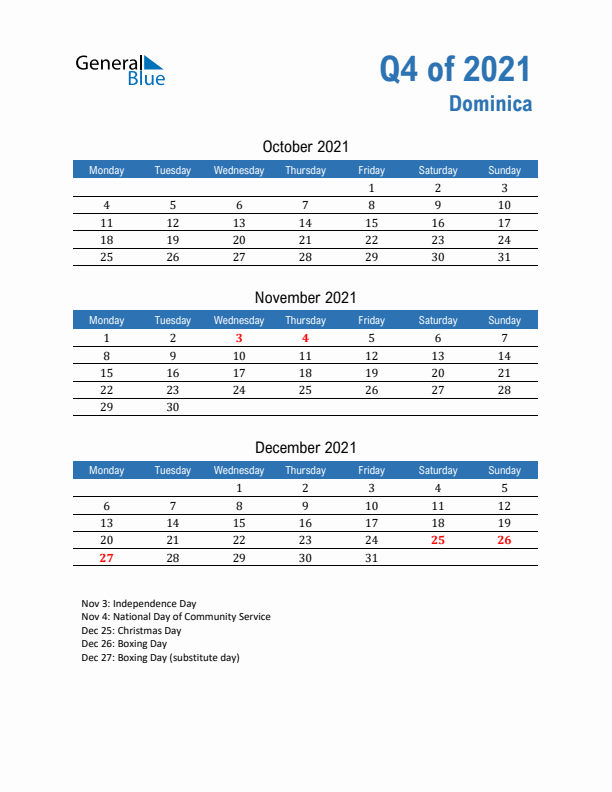 Dominica Q4 2021 Quarterly Calendar with Monday Start