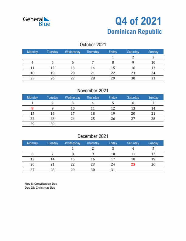 Dominican Republic Q4 2021 Quarterly Calendar with Monday Start