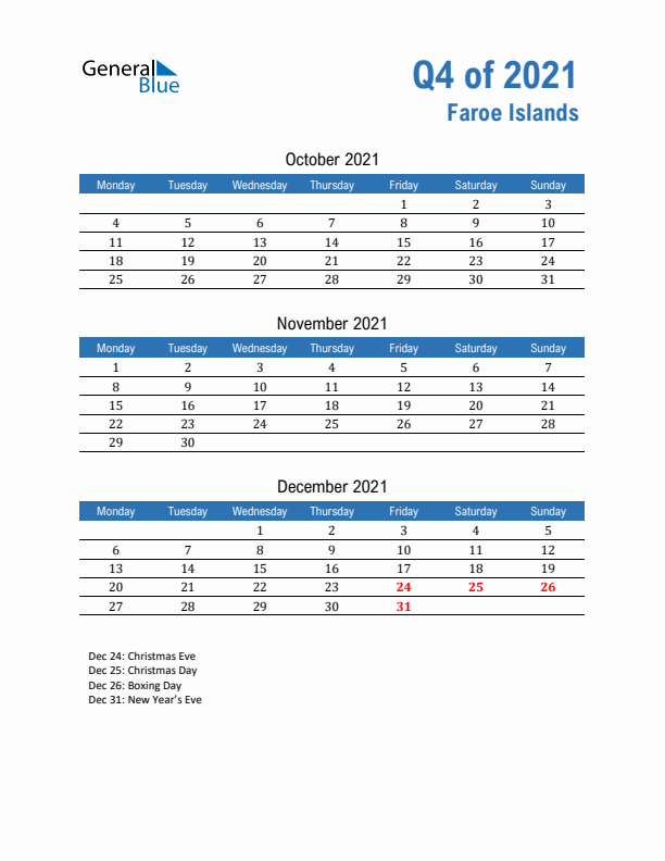 Faroe Islands Q4 2021 Quarterly Calendar with Monday Start