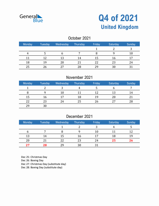 United Kingdom Q4 2021 Quarterly Calendar with Monday Start