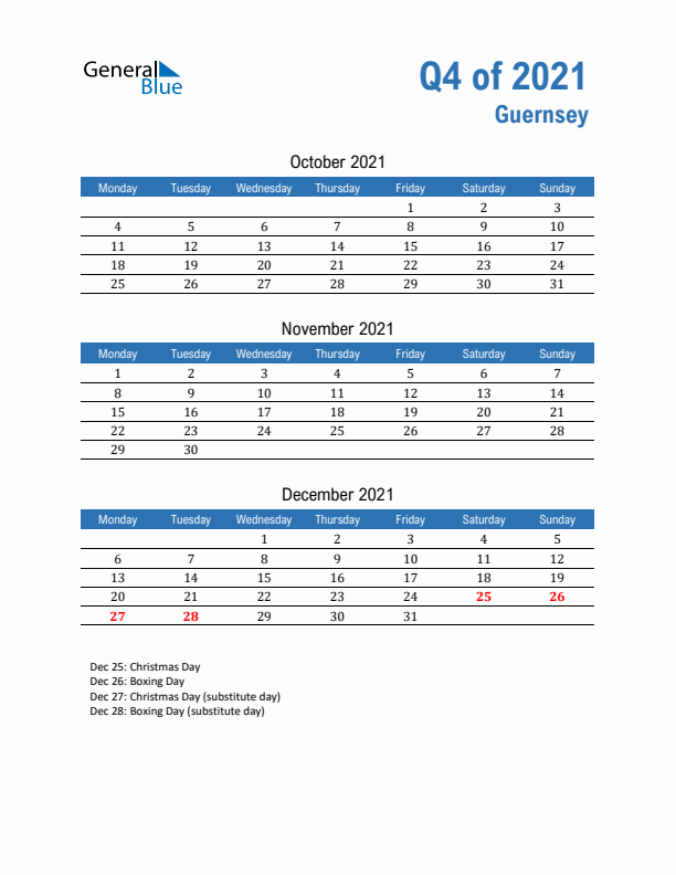 Guernsey Q4 2021 Quarterly Calendar with Monday Start