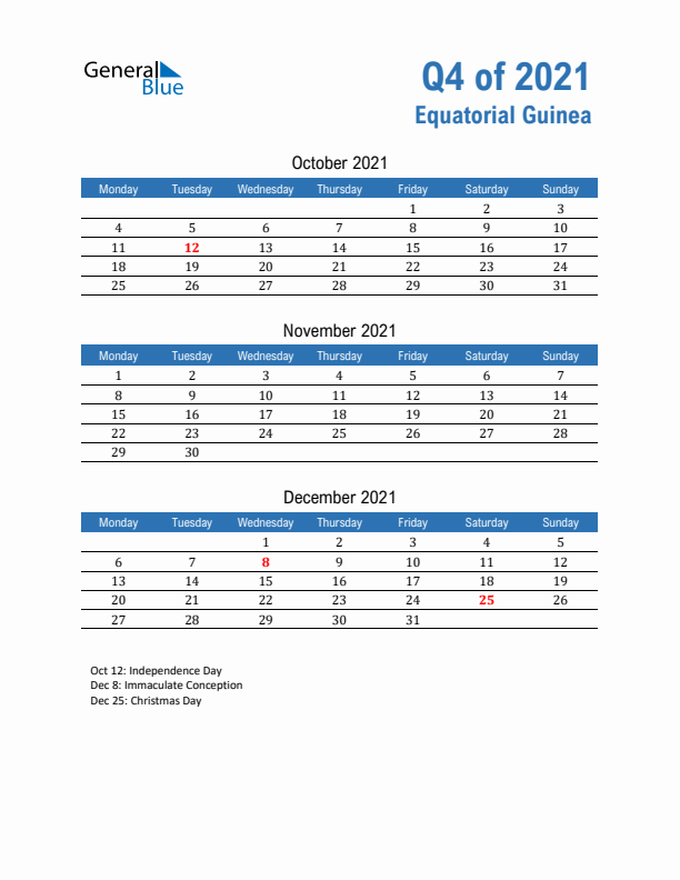 Equatorial Guinea Q4 2021 Quarterly Calendar with Monday Start