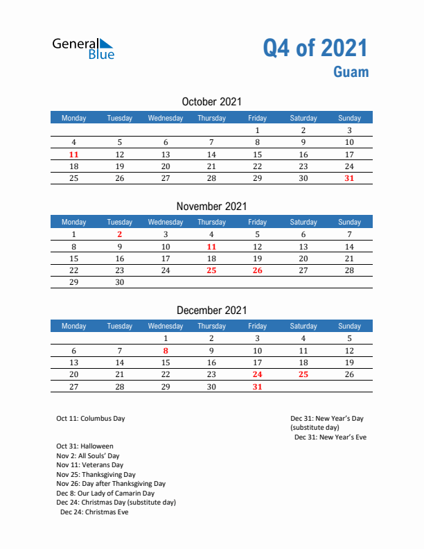 Guam Q4 2021 Quarterly Calendar with Monday Start