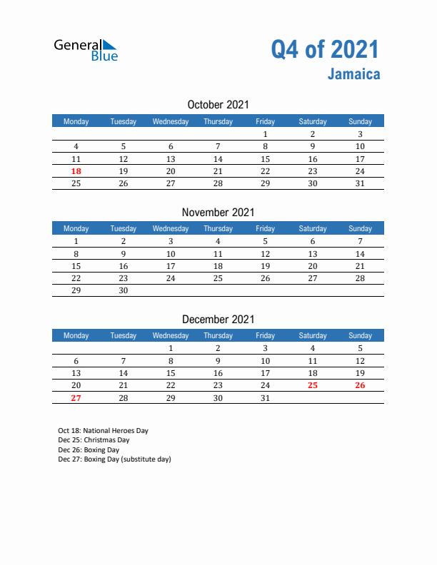 Jamaica Q4 2021 Quarterly Calendar with Monday Start