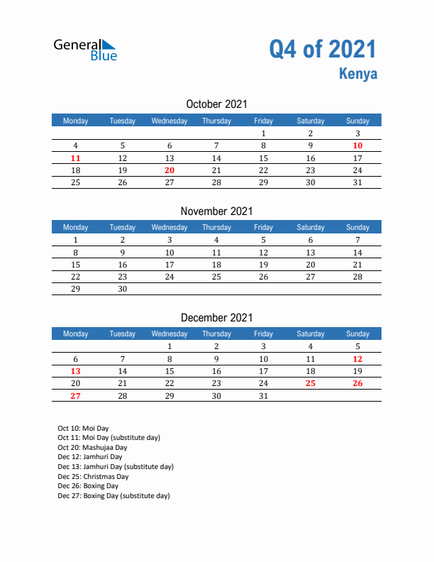 Kenya Q4 2021 Quarterly Calendar with Monday Start