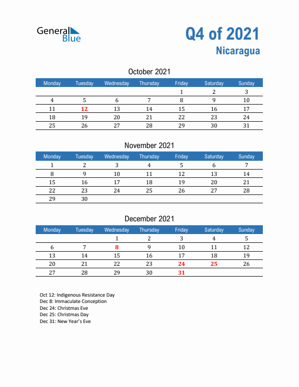 Nicaragua Q4 2021 Quarterly Calendar with Monday Start