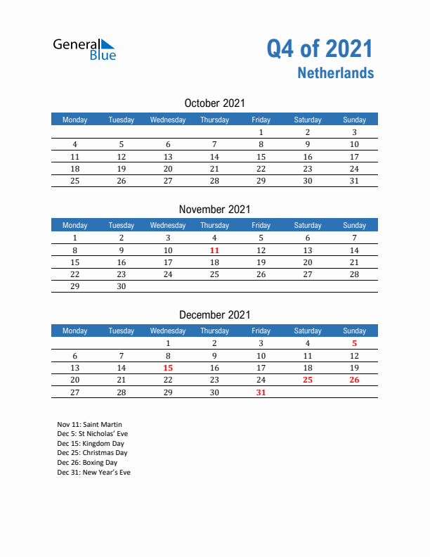 The Netherlands Q4 2021 Quarterly Calendar with Monday Start