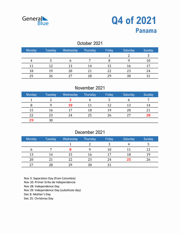 Panama Q4 2021 Quarterly Calendar with Monday Start