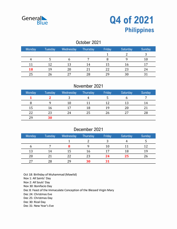 Philippines Q4 2021 Quarterly Calendar with Monday Start