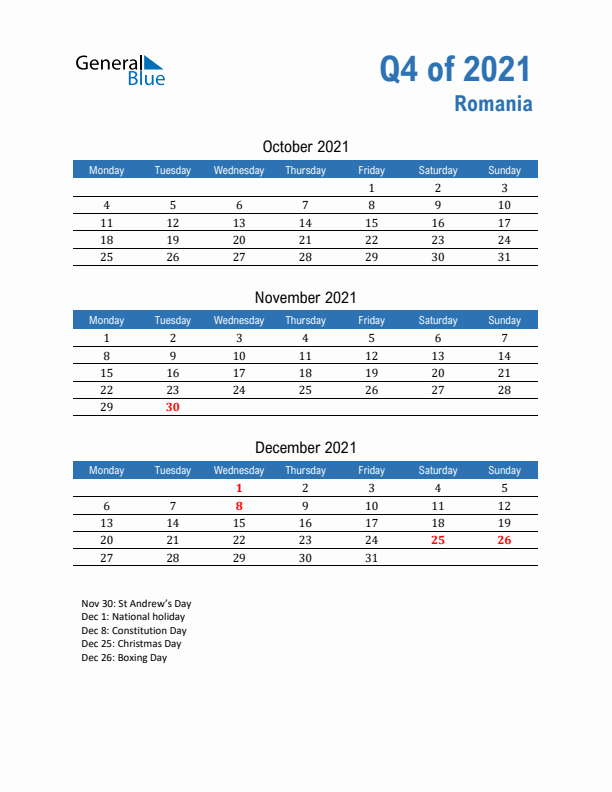 Romania Q4 2021 Quarterly Calendar with Monday Start