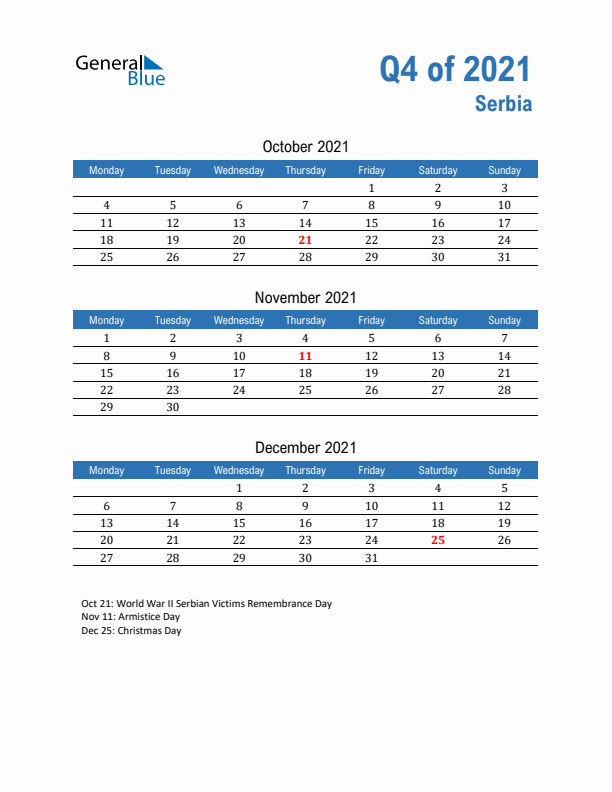 Serbia Q4 2021 Quarterly Calendar with Monday Start