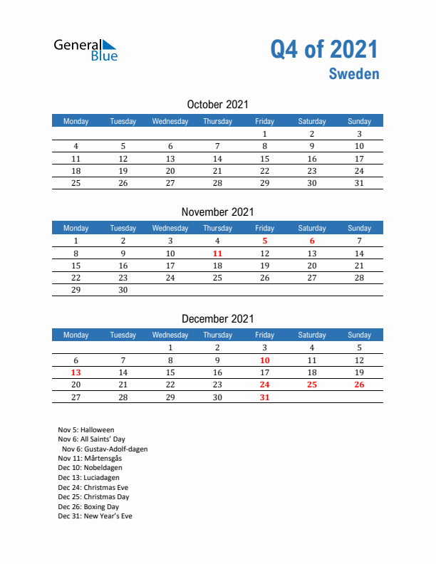 Sweden Q4 2021 Quarterly Calendar with Monday Start