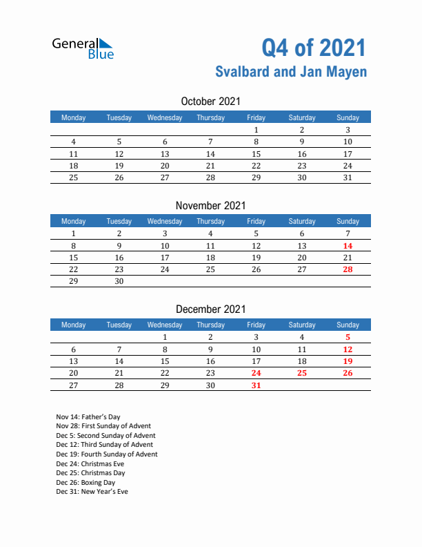 Svalbard and Jan Mayen Q4 2021 Quarterly Calendar with Monday Start