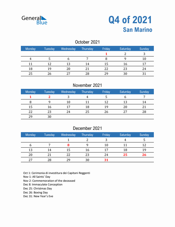 San Marino Q4 2021 Quarterly Calendar with Monday Start