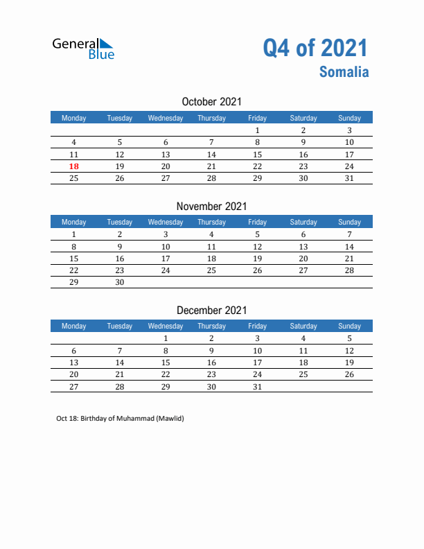 Somalia Q4 2021 Quarterly Calendar with Monday Start