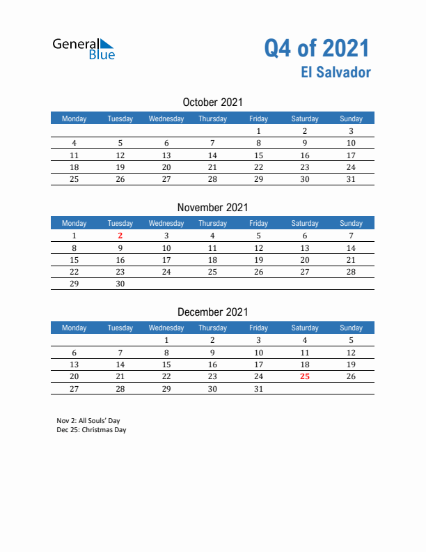 El Salvador Q4 2021 Quarterly Calendar with Monday Start