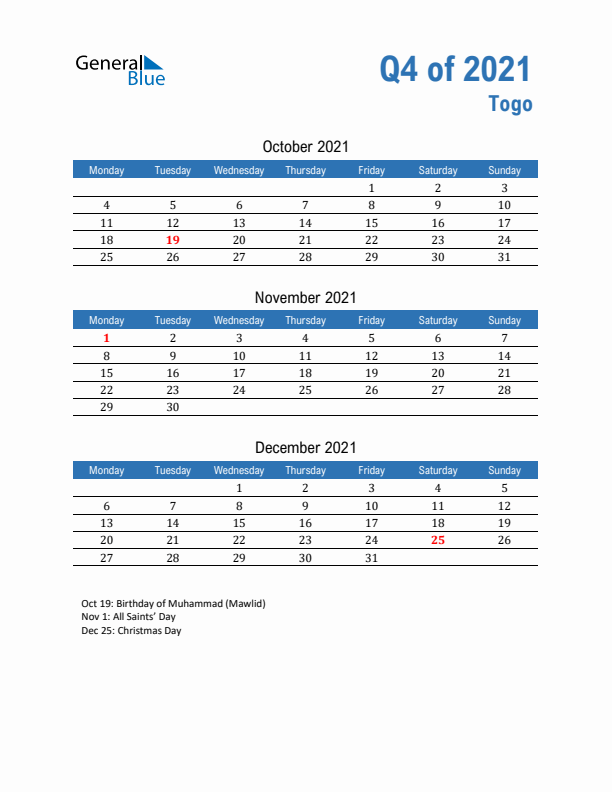 Togo Q4 2021 Quarterly Calendar with Monday Start