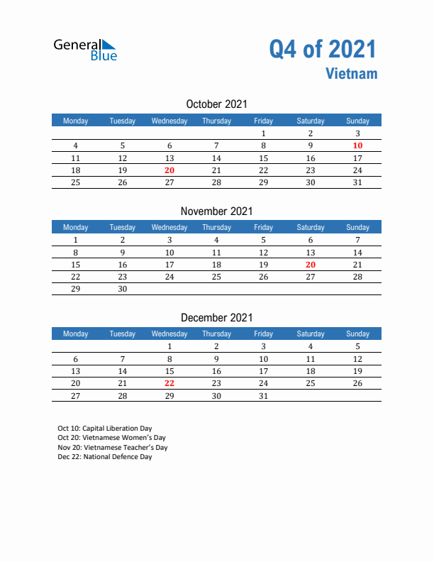 Vietnam Q4 2021 Quarterly Calendar with Monday Start