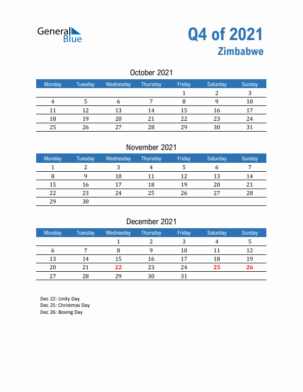 Zimbabwe Q4 2021 Quarterly Calendar with Monday Start