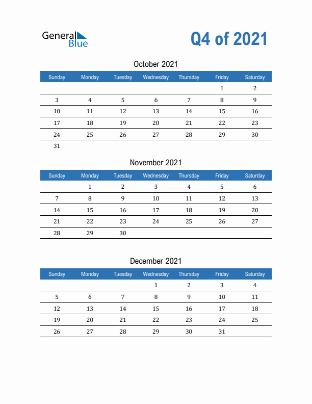 Fillable Quarterly Calendar for Q4 2021