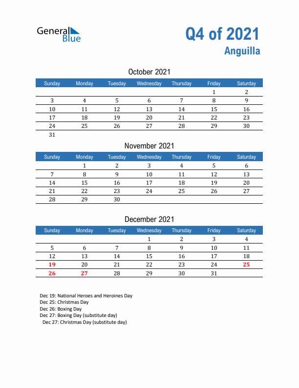 Anguilla Q4 2021 Quarterly Calendar with Sunday Start