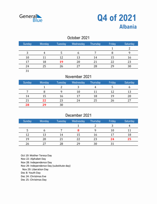 Albania Q4 2021 Quarterly Calendar with Sunday Start