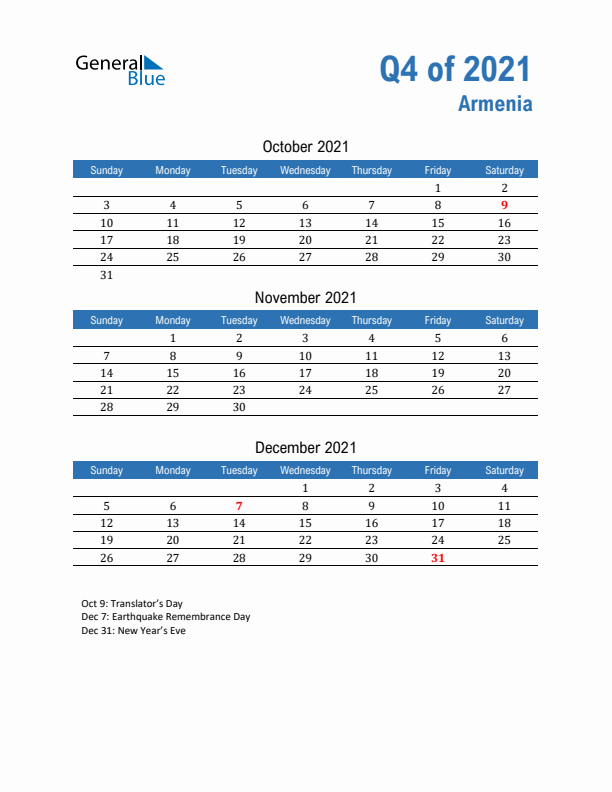 Armenia Q4 2021 Quarterly Calendar with Sunday Start