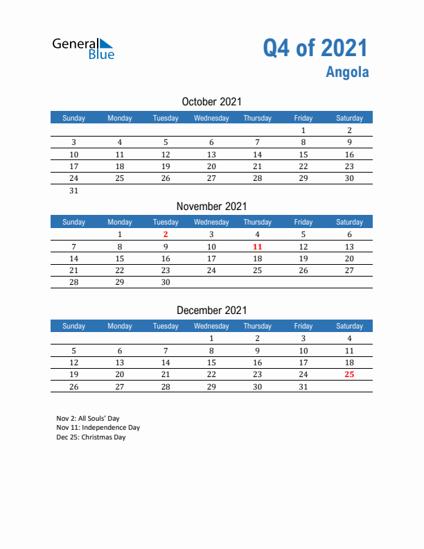 Angola Q4 2021 Quarterly Calendar with Sunday Start