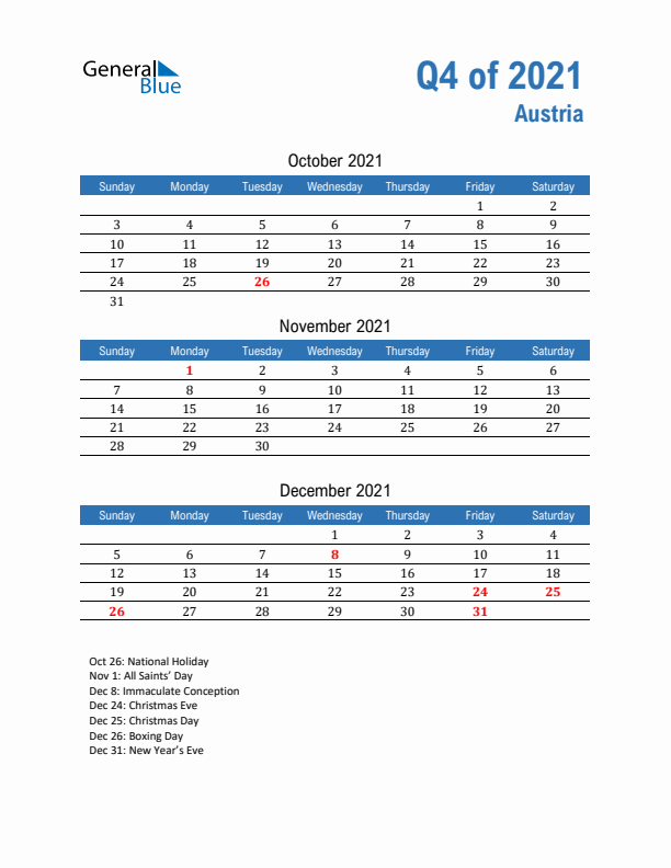 Austria Q4 2021 Quarterly Calendar with Sunday Start