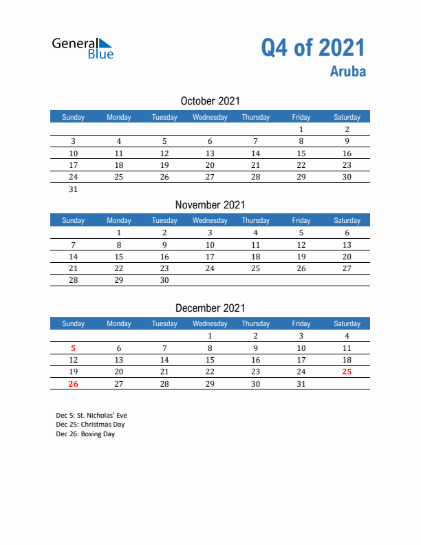 Aruba Q4 2021 Quarterly Calendar with Sunday Start