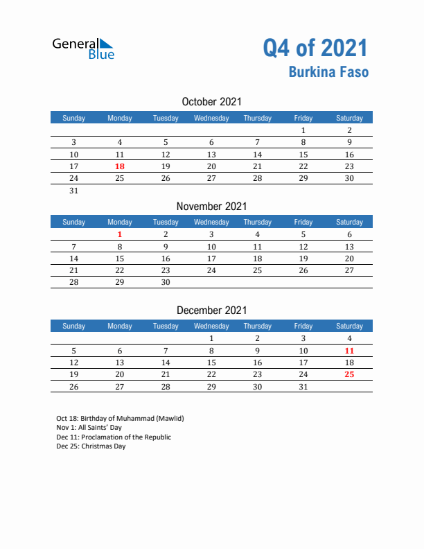 Burkina Faso Q4 2021 Quarterly Calendar with Sunday Start