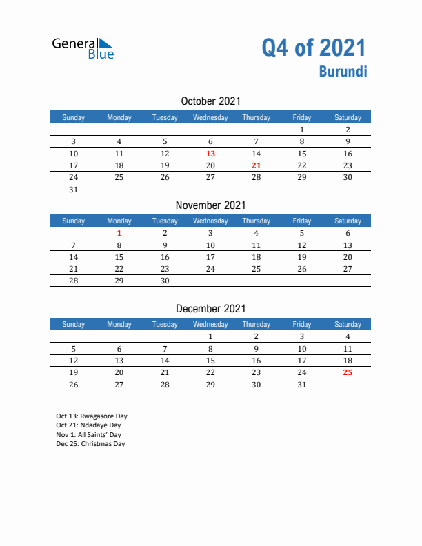 Burundi Q4 2021 Quarterly Calendar with Sunday Start