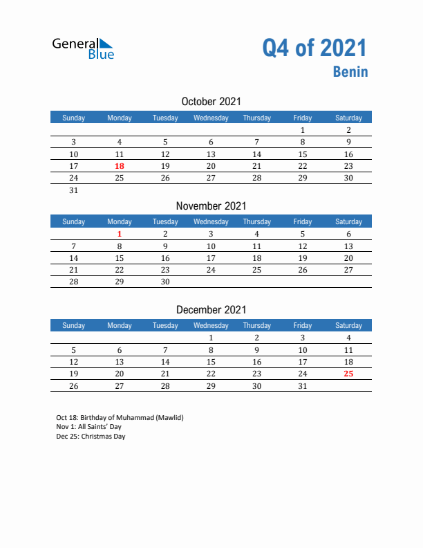 Benin Q4 2021 Quarterly Calendar with Sunday Start