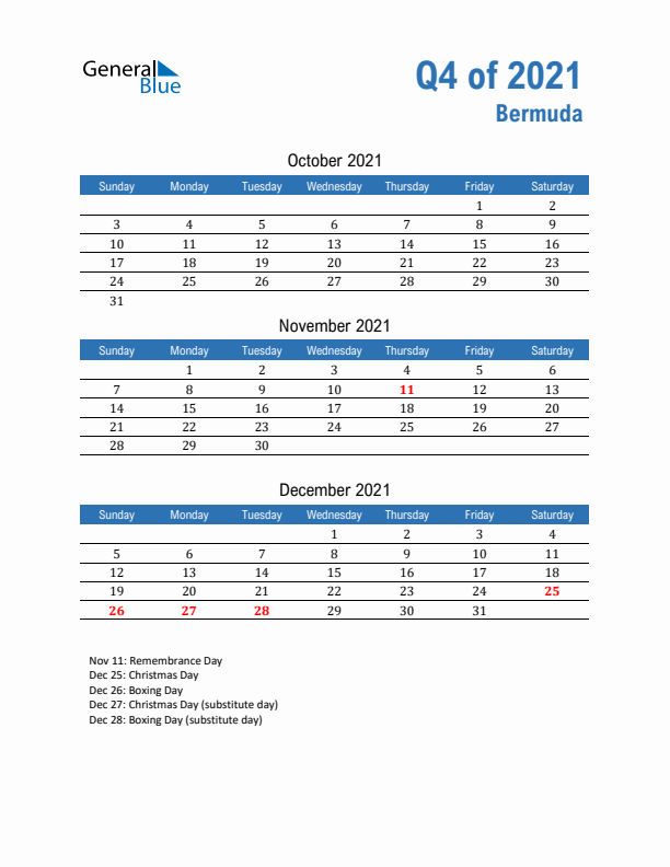 Bermuda Q4 2021 Quarterly Calendar with Sunday Start