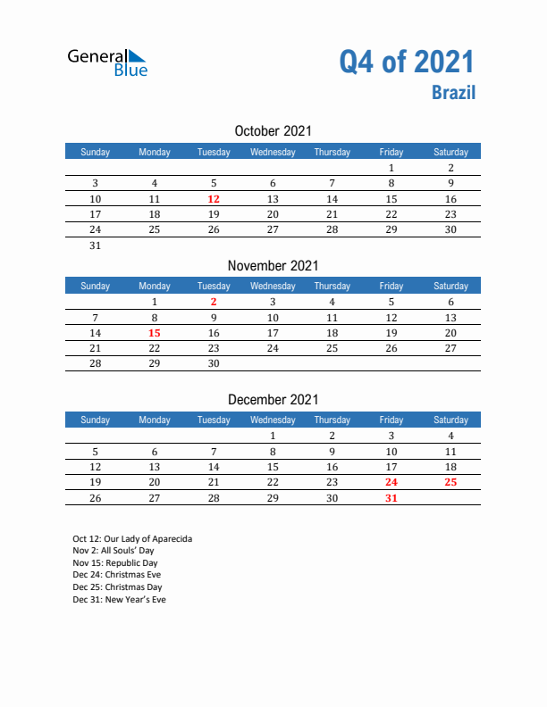 Brazil Q4 2021 Quarterly Calendar with Sunday Start