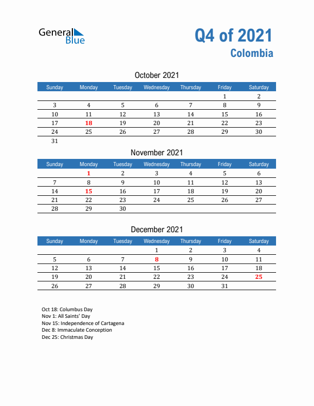 Colombia Q4 2021 Quarterly Calendar with Sunday Start